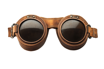 Retro leather aviator goggles isolated on white, round lenses framed by rugged strap, nostalgic design, vintage protective eyewear