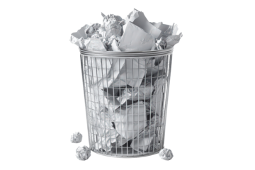  Overflowing trash bin filled with crumpled paper, isolated white background, symbol of waste, overproduction, and discarded ideas