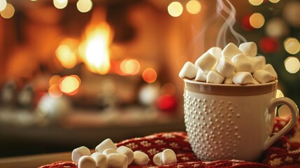 A steaming cup of hot chocolate topped with marshmallows, on a cozy fireplace mantel.