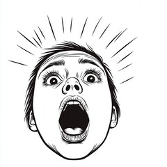 Dramatic monochrome drawing featuring a person with eyes wide open and mouth agape, conveying shock or fear, with radiating lines suggesting intense