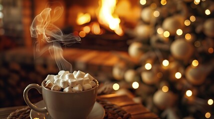 A steaming cup of hot chocolate topped with marshmallows, on a cozy fireplace mantel.