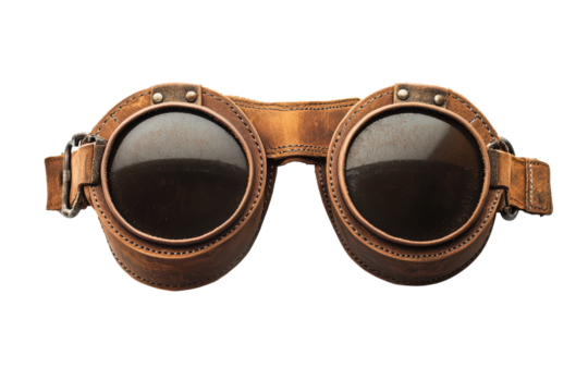  Retro leather aviator goggles isolated on white, round lenses framed by rugged strap, nostalgic design, vintage protective eyewear