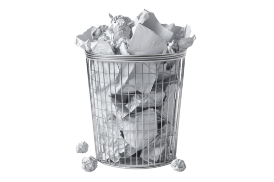  Overflowing trash bin filled with crumpled paper, isolated white background, symbol of waste, overproduction, and discarded ideas
