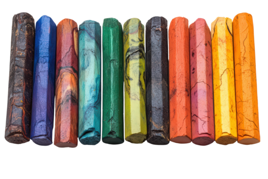  Set of colorful marbled wax crayons in bright hues, arranged row ideal for art, crafts, creativity, or textured design tools.