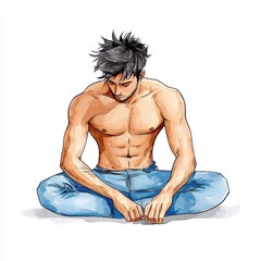 A muscular man sits cross legged on the floor, his head bowed in contemplation. He is shirtless, wearing light blue jeans, against a white