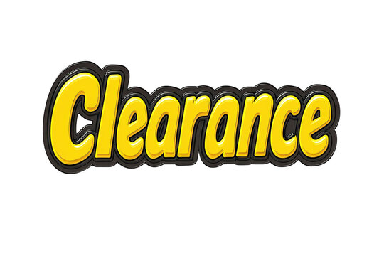  Bold yellow clearance text with black outline on white background, catchy typography used for sales, markdowns, business promotions.