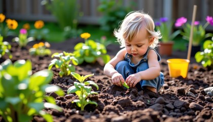 A young child gardening outdoors, surrounded by blooming flowers and fresh green plants on a sunny day.