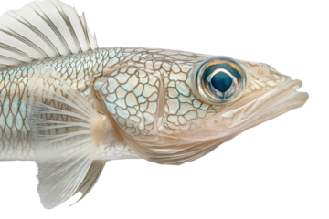  Close-up of detailed fish head with textured scales and large blue eye, isolated on white to highlight aquatic beauty.