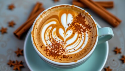 A beautifully crafted latte with cinnamon and latte art in a blue cup, accompanied by cinnamon sticks and star anise.