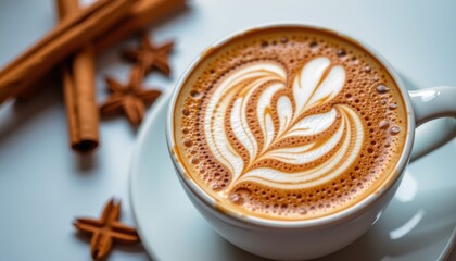 A cup of cappuccino with intricate latte art, surrounded by cinnamon sticks and star anise on a white surface.