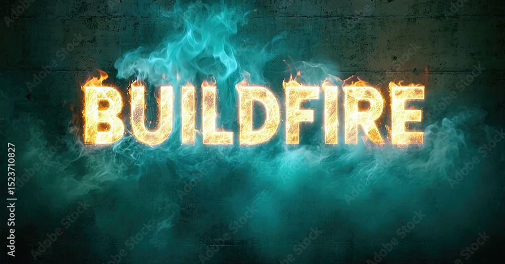 Poster fiery text reads buildfire against dark textured background. blue smoke swirls around glowing letter