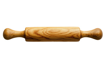 Wooden rolling pin with rich grain texture isolated on white, classic kitchen tool for baking and dough preparation.