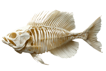 Fish skeleton with detailed bone structure and fins, preserved form used in biology, anatomy studies or educational purposes.

