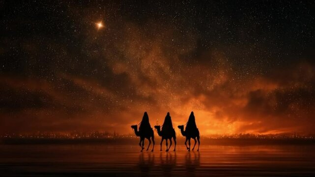 Symbolic journey of three wise men walking with camels across a glowing reflective landscape under a shining star, representing faith, guidance and the nativity path, spiritual scene, AI generated