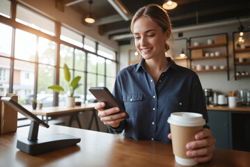 Plakat Woman Scanning QR Code Menu in Cafe – Smartphone Digital Payment Technology for Customer Shopping Experience, E-Commerce, and Online Ordering Solutions