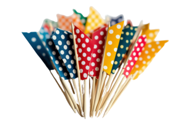 Colorful party toothpicks with polka dot paper flags, cheerful and festive for decorating snacks or themed event celebrations.

