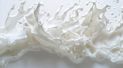Dynamic milk splash action on horizontal pure white background capturing fluid motion and texture