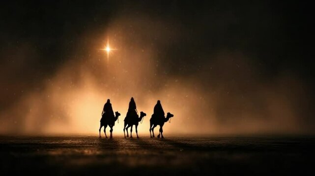 Three wise men travel on camels through a dark symbolic desert toward a glowing star, each step illuminated by a soft golden light, evoking the nativity journey in a spiritual setting, AI generated


