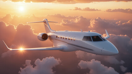 Luxurious Private Jet Above Golden Sunset Clouds – Elegant Aircraft with Premium Amenities for Airplane Service Promotion and Flight Attendant Day Celebrations