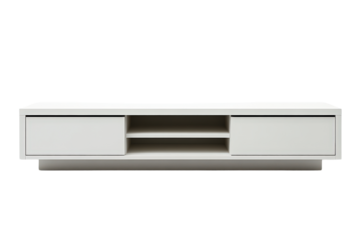 Modern white TV stand with minimal design, clean structure, two drawers and open shelves for media storage or room organization.

