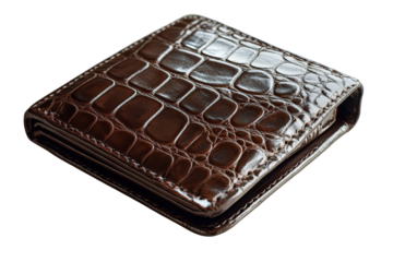 Brown leather wallet with crocodile texture, folded neatly closed, symbol of finance, personal style, or luxury accessory choice.

