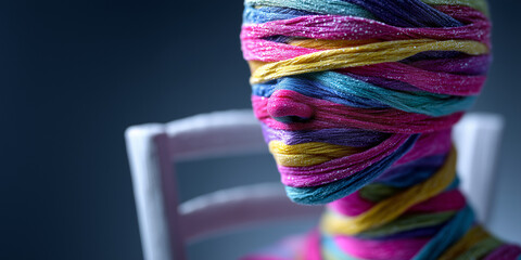 Head wrapped in colorful threads, faceless identity. copy space