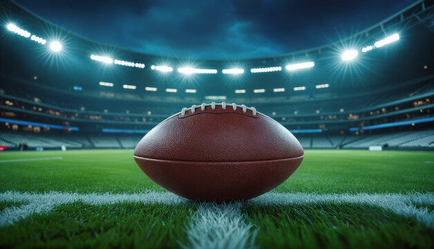 American Football on Stadium Field – Professional Football Close-Up with Arena Lights for Sports Journalism, Media Coverage, and Stadium Press Box Content