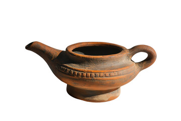  Traditional clay oil lamp with handle and spout, rustic hand-crafted design symbolizing ancient rituals, heritage or cultural traditions