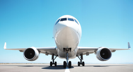 Fototapeta premium Commercial Airplane Front View - White Passenger Aircraft on Airport Runway Against Blue Sky for Aviation Industry, Airline Service, and Flight Attendant Day Content