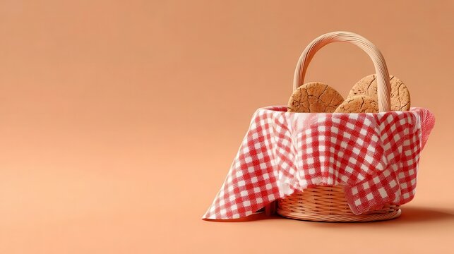 Vector-style minimalist picnic basket with cookies against a soft orange backdrop National Gingersnap and Gingerbread Day