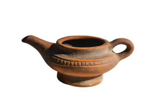  Traditional clay oil lamp with handle and spout, rustic hand-crafted design symbolizing ancient rituals, heritage or cultural traditions