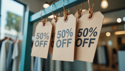 Retail Sale Tags - 50 Percent Off Price Labels Hanging in Store Window for Discount Promotions, Marketing Campaigns, and Seasonal Clearance Events