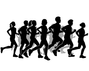Silhouette of crowd of young people running, morning jogging, side view, isolated icon on white background.