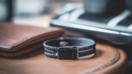 Masculine bracelet and leather wallet styled with casual lifestyle items