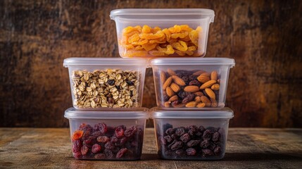 Stackable plastic containers filled with dried fruit, nuts, and granola © Chaweewan