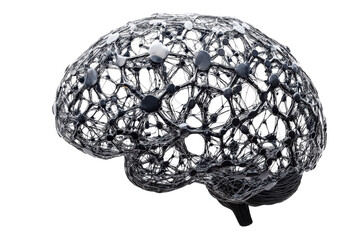 Futuristic wireframe brain model with nodes, metallic texture symbolizing AI, networks, deep learning, and modern scientific research.

