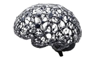 Futuristic wireframe brain model with nodes, metallic texture symbolizing AI, networks, deep learning, and modern scientific research.

