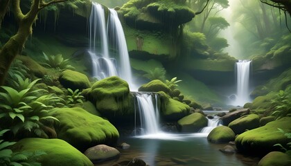 Multiple waterfalls cascade through a lush green forest, creating a serene scene.
