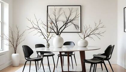 Elegant dining room featuring a marble table, black chairs, and decorative vases with branches.