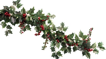 A close-up of a Christmas garland adorned with holly leaves and berries, arranged in a cascading pattern, isolated on white.