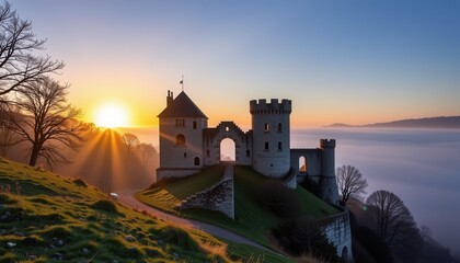 A medieval castle on a hill overlooks a foggy valley at sunrise, with sun rays casting dramatic light across the landscape.