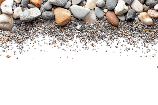 Mixed beach pebbles and fine gravel scattered along upper edge leaving white negative space.

