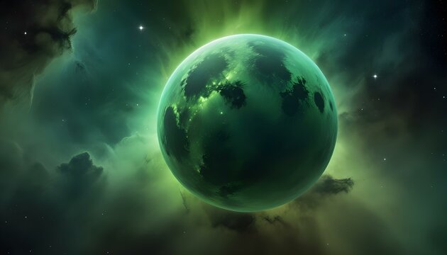 Green planet in space with nebulas and stars. A beautiful cosmic scene.
