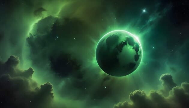 A luminous green planet floats within a breathtaking cosmic nebula, a truly stunning sight. - Powered by Adobe