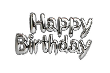 Silver metallic happy birthday balloon letters floating isolated over white space for festive celebration.


