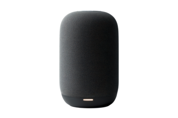 Black wireless smart speaker standing upright with minimalistic modern design for voice control or music streaming.

