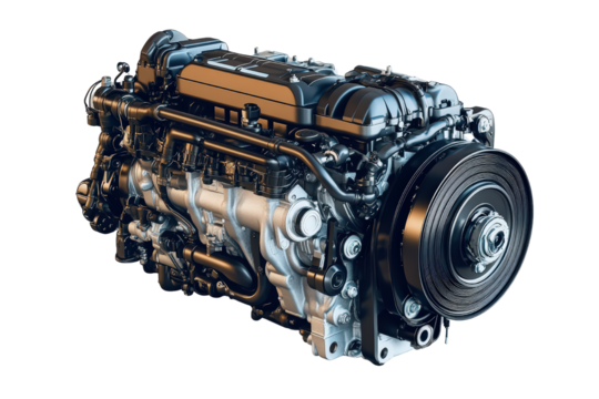 Automobile engine isolated showing mechanical complexity of internal combustion system with various components.

