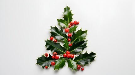 A detailed shot of holly leaves and berries arranged in the shape of a Christmas tree, isolated on a white background.