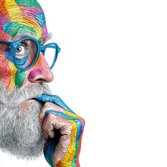 A surreal close up of an elderly man in profile, adorned with vibrant rainbow colors and textures against a clean white backdrop, focusing on his