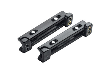 Obraz premium Pair of black industrial metal brackets with mounting holes, sturdy design for structural support in equipment or builds.